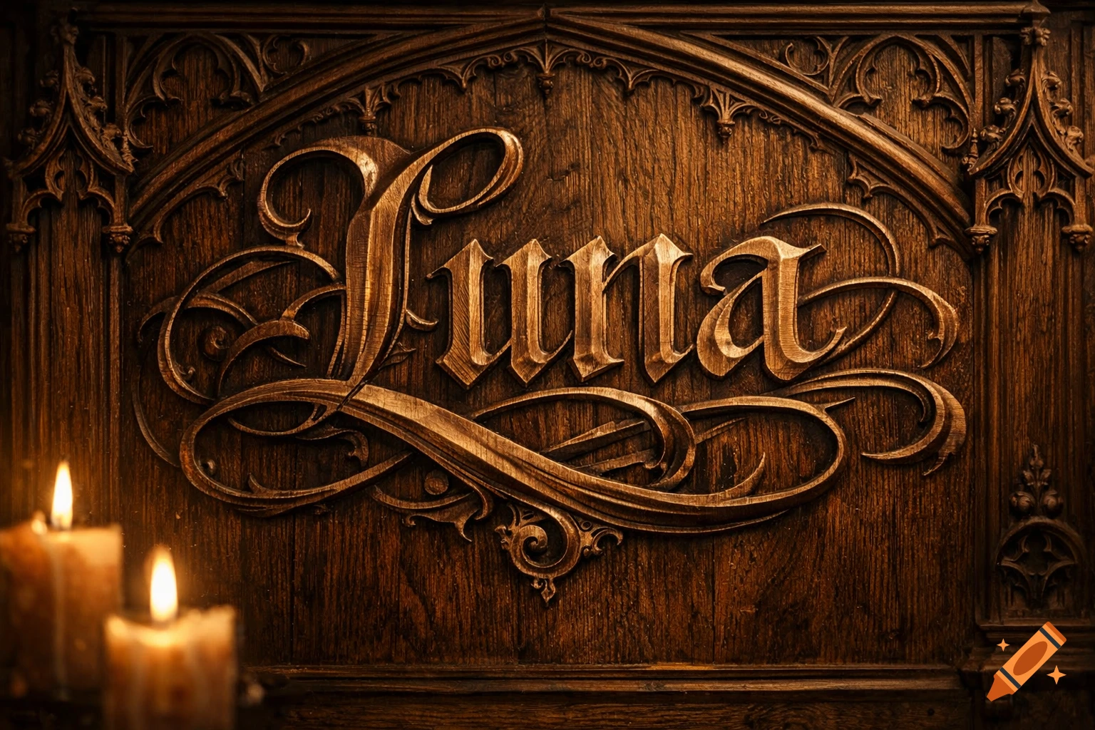 Gothic style wooden carving of the name 'Luna' surrounded by ornate patterns, with two lit candles in the foreground.