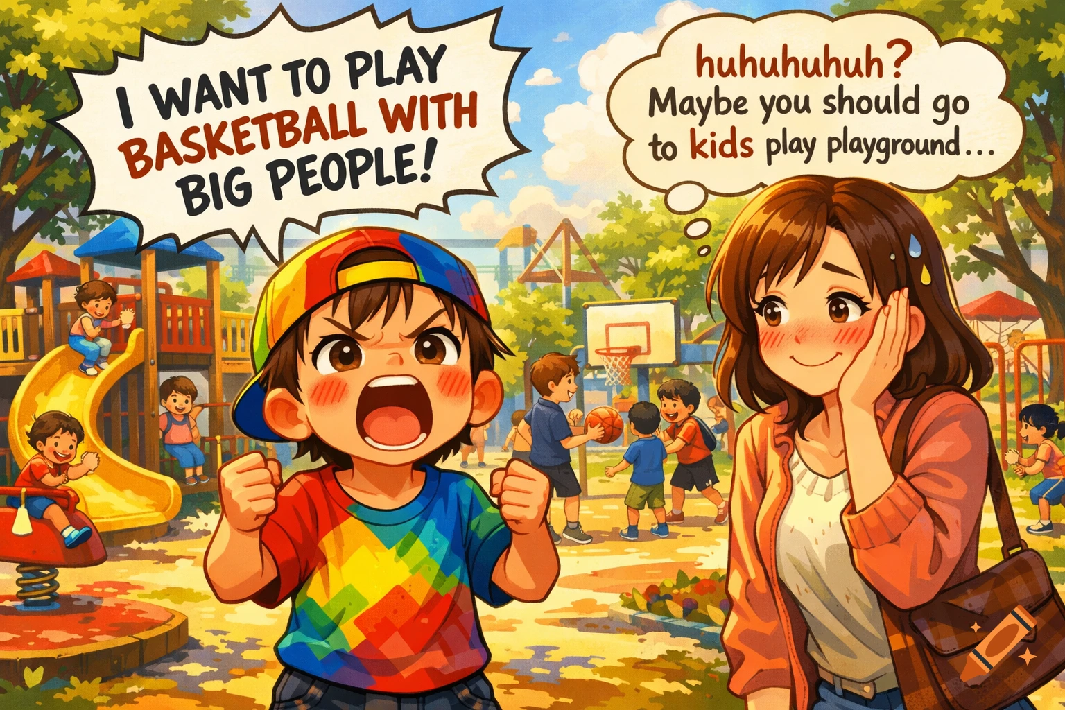 An angry child in a rainbow shirt demands to play basketball with adults while a shy woman suggests a kids' playground, in an anime style.