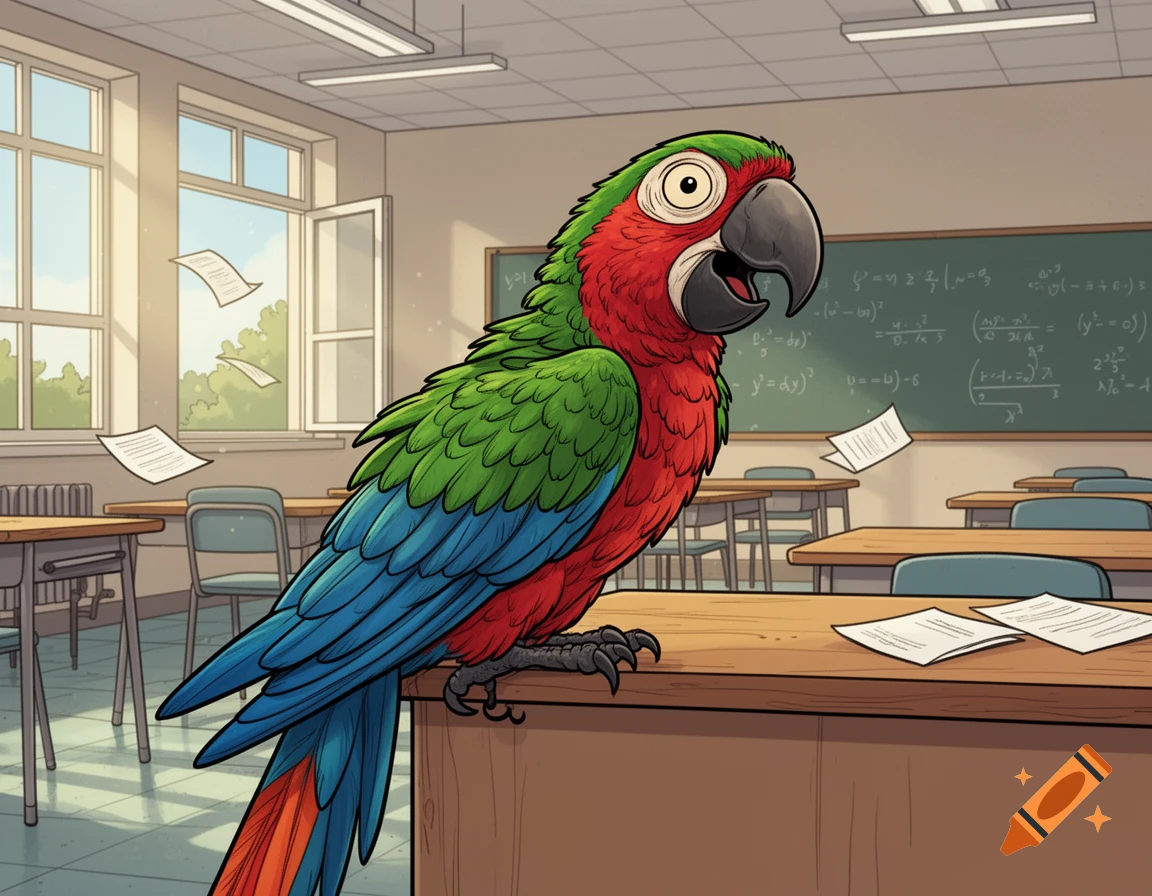 A vibrant cartoon parrot with red, green, and blue feathers sits on a desk in a sunlit classroom, with papers floating and a chalkboard behind it.