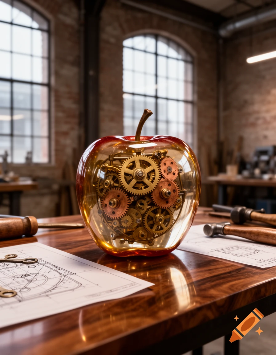 A photorealistic glass apple with intricate gears inside, sitting on a wooden workbench with blueprints in an industrial workshop.