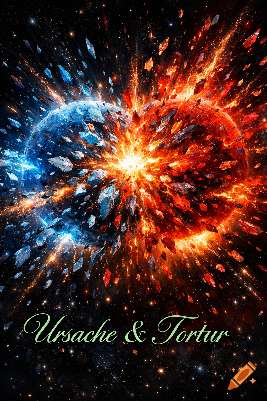 A cosmic collision between a blue and a red planet, shattering into fiery debris in space with "Ursache & Tortur" text below.