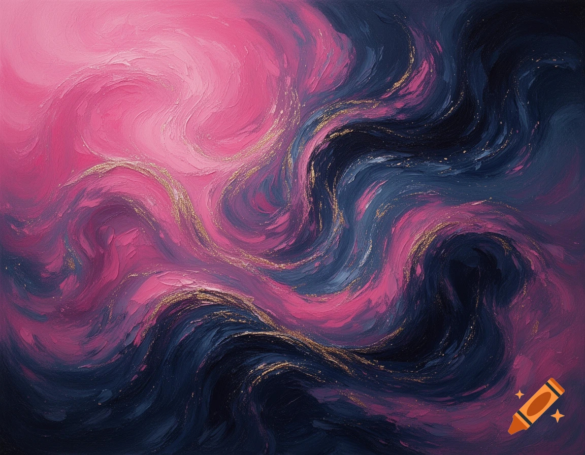 Abstract painting with swirling strokes of dark pink, deep blue, and shimmering gold, in a textured, painterly style.