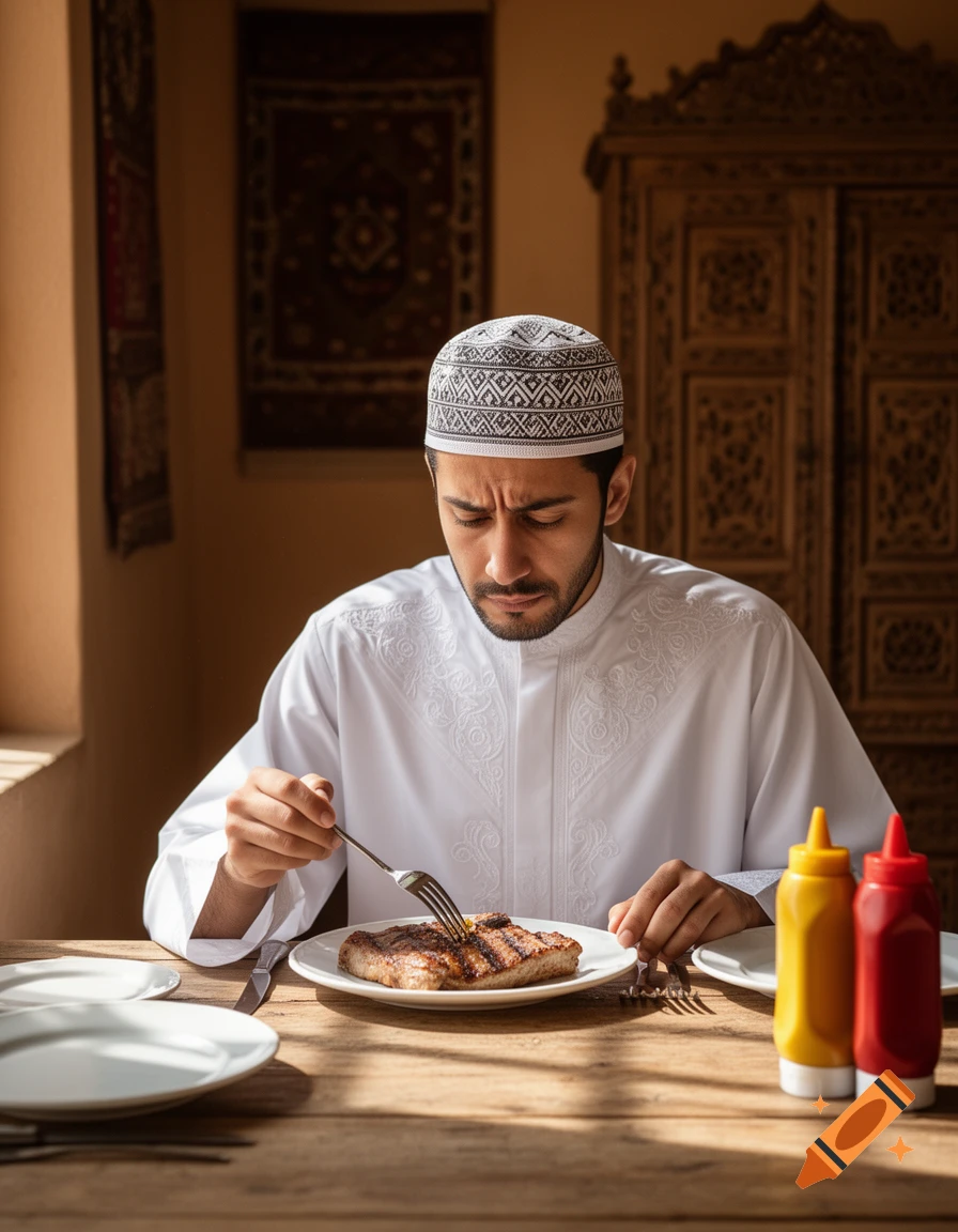 A man in a white thobe and kufi eats a grilled steak with a fork at a wooden table, with condiment bottles nearby, in a sunlit room.