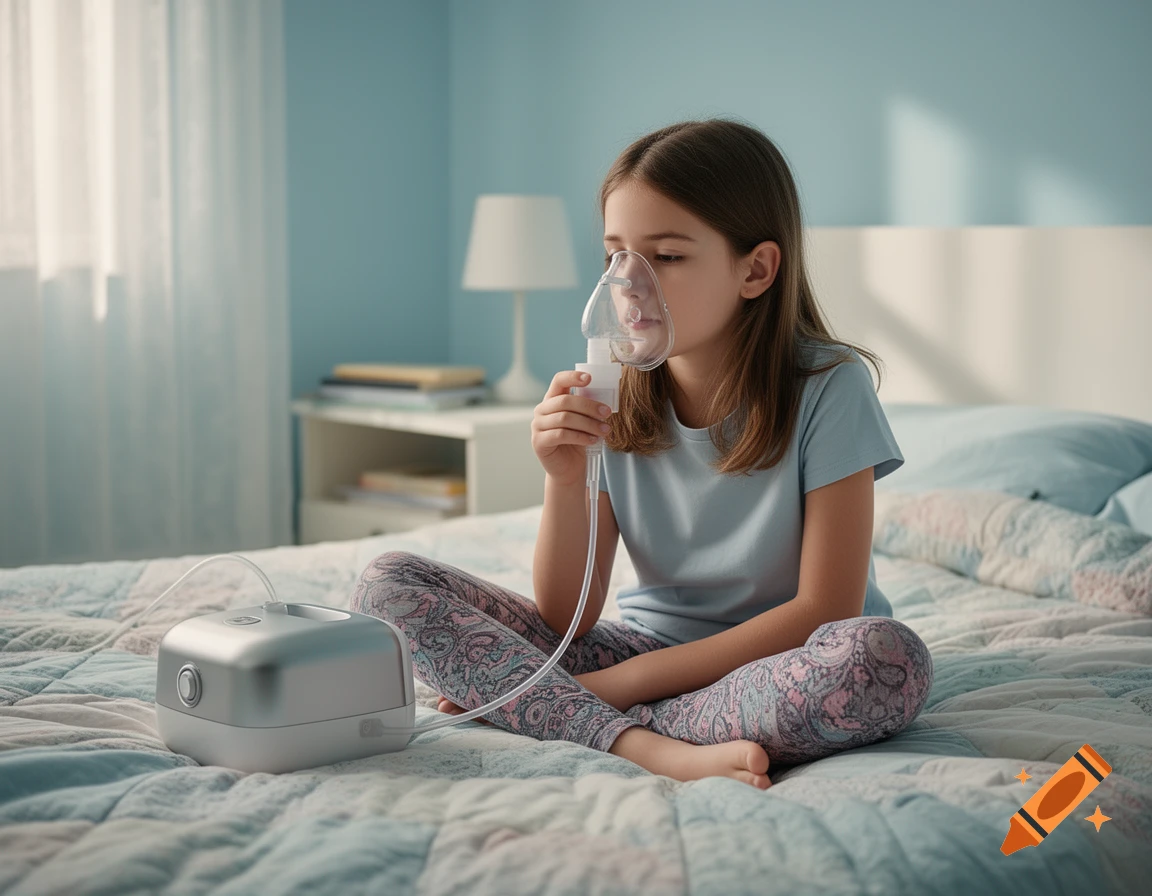 A young girl sits on a bed in a bedroom, holding an inhaler mask to her face as she uses a nebulizer machine.