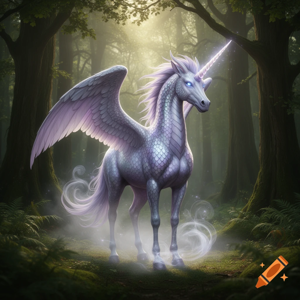 A majestic winged, scaled unicorn-dragon hybrid stands in an enchanted forest with sunlight filtering through the trees.