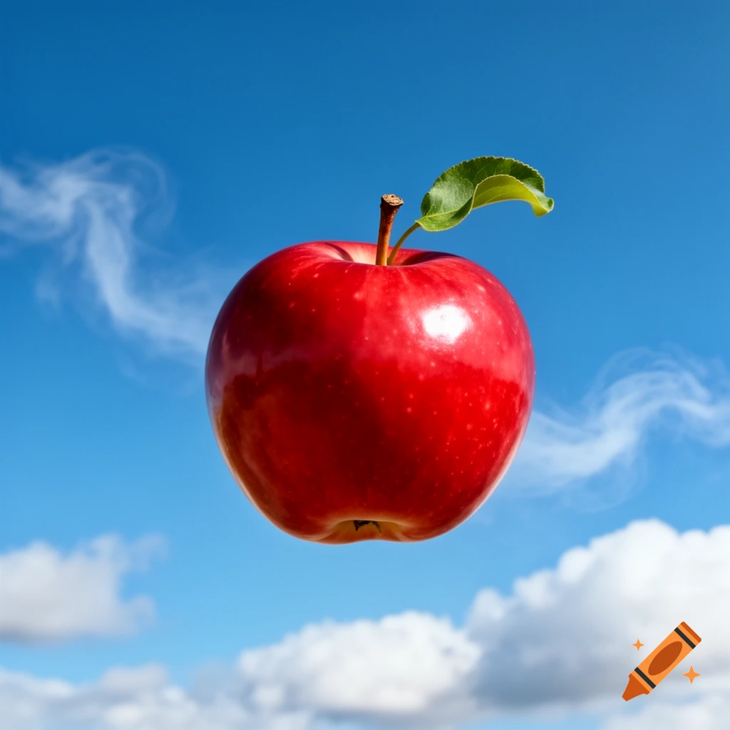 A photorealistic red apple with a green leaf and stem floats in a vibrant blue sky with fluffy white clouds.