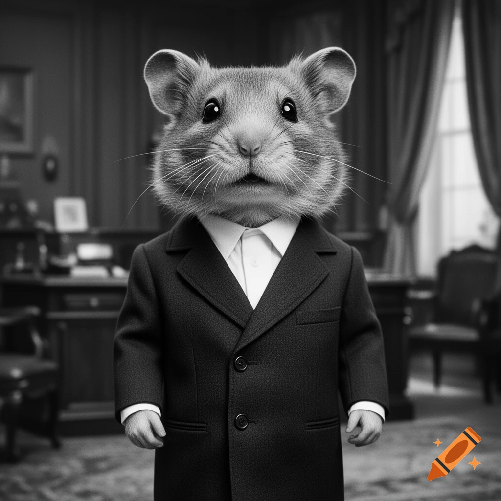 A photorealistic black and white image of a gerbil in a suit standing in a formal office setting.
