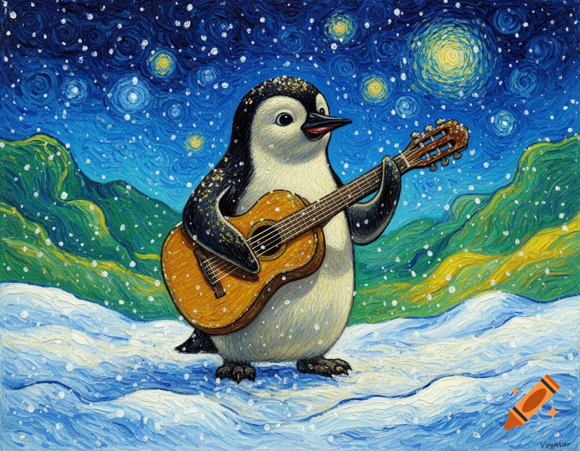 A cartoon penguin plays a guitar in a snowy landscape under a starry night, rendered in the impasto painting style of Van Gogh.