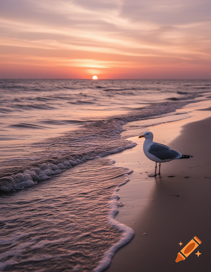 A photorealistic image of a seagull on a sandy beach with gentle waves, set against a vibrant sunset over the ocean.