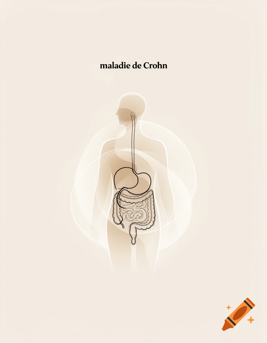 Minimalist line illustration of the human digestive system within a faint body outline, with 'maladie de Crohn' text.