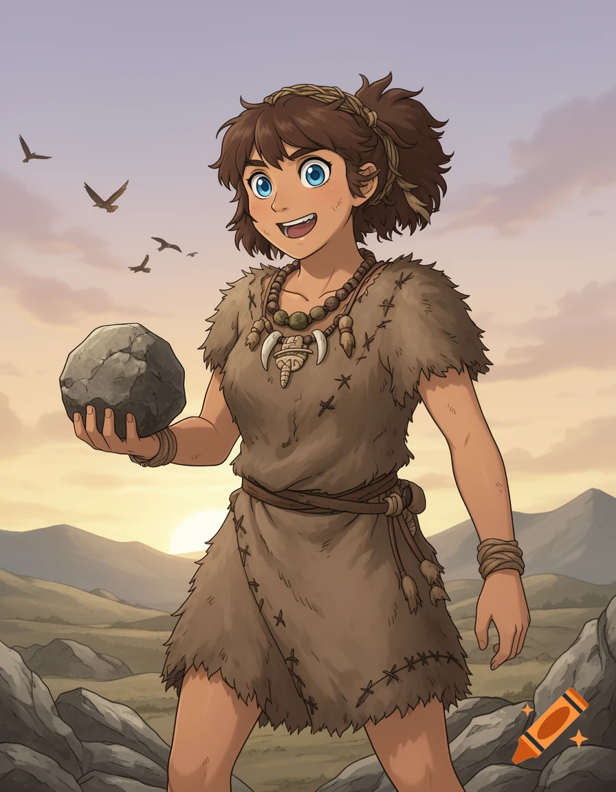 Anime-style female Neanderthal character in a fur tunic, holding a rock, smiling in a prehistoric landscape at sunset.
