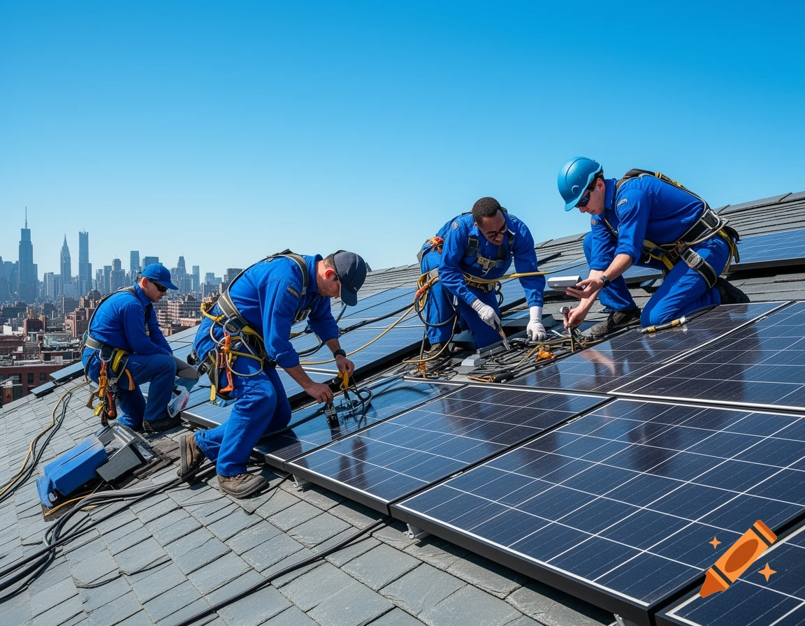 Four workers in blue uniforms install solar panels on a roof with a city skyline in the background under a clear sky.
