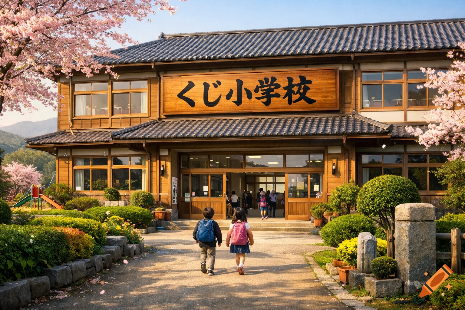 Two children with backpacks walk towards a traditional Japanese school building under blooming cherry blossom trees. The school sign reads "くじ小学校".
