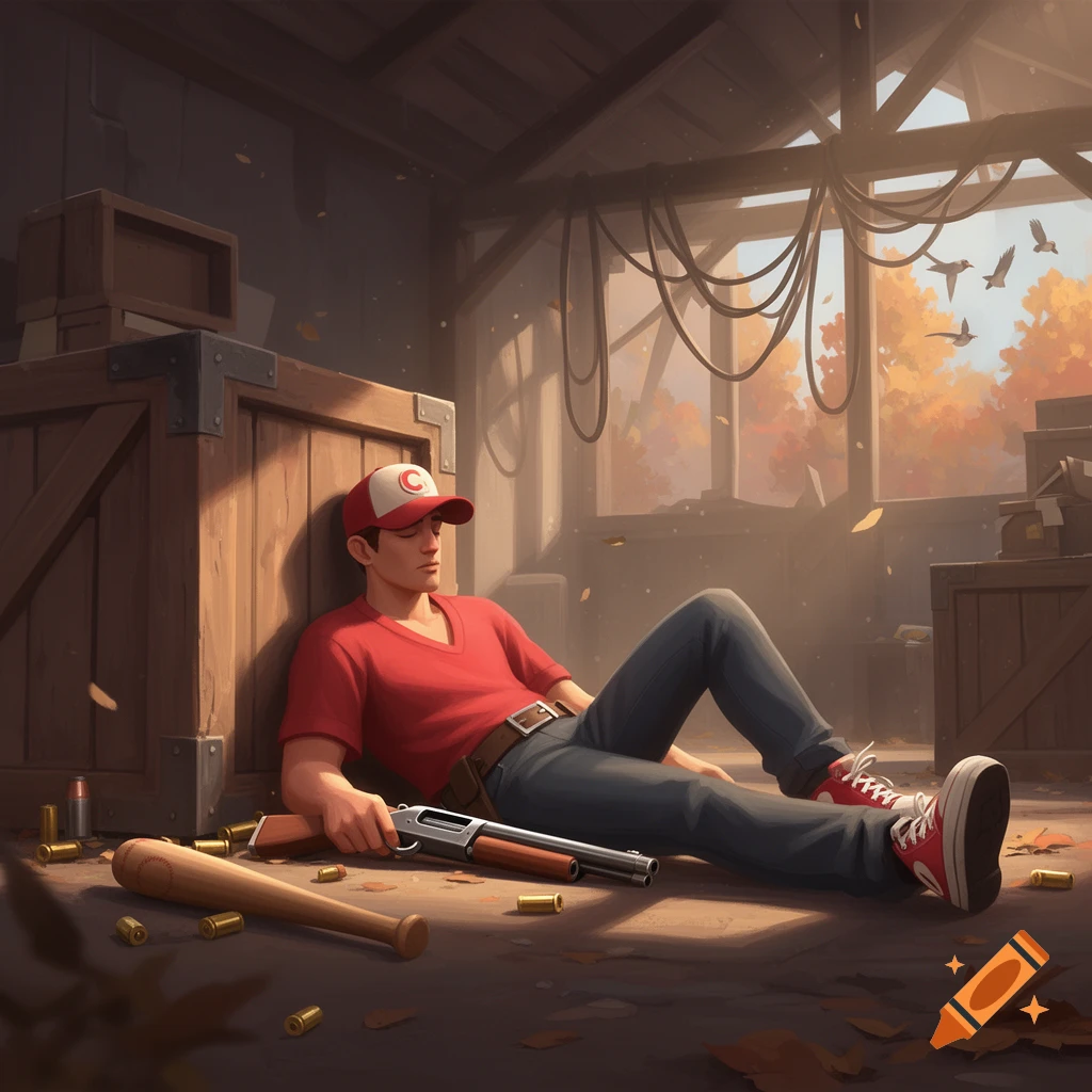 Stylized illustration of Team Fortress Scout asleep in a rustic shed, a rifle and baseball bat resting beside him.