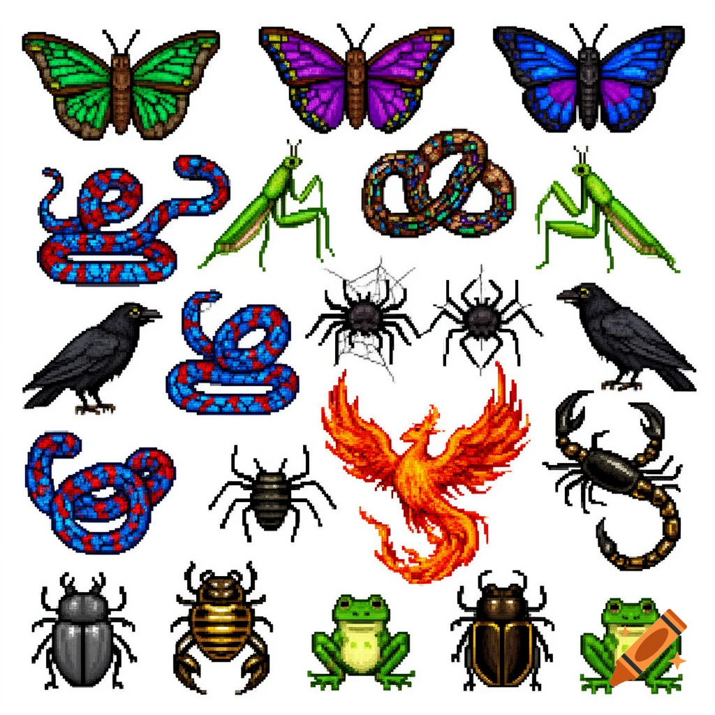 A grid of colorful pixel art creatures including butterflies, snakes, praying mantises, spiders, scorpions, crows, a phoenix, beetles, and frogs on a white background.