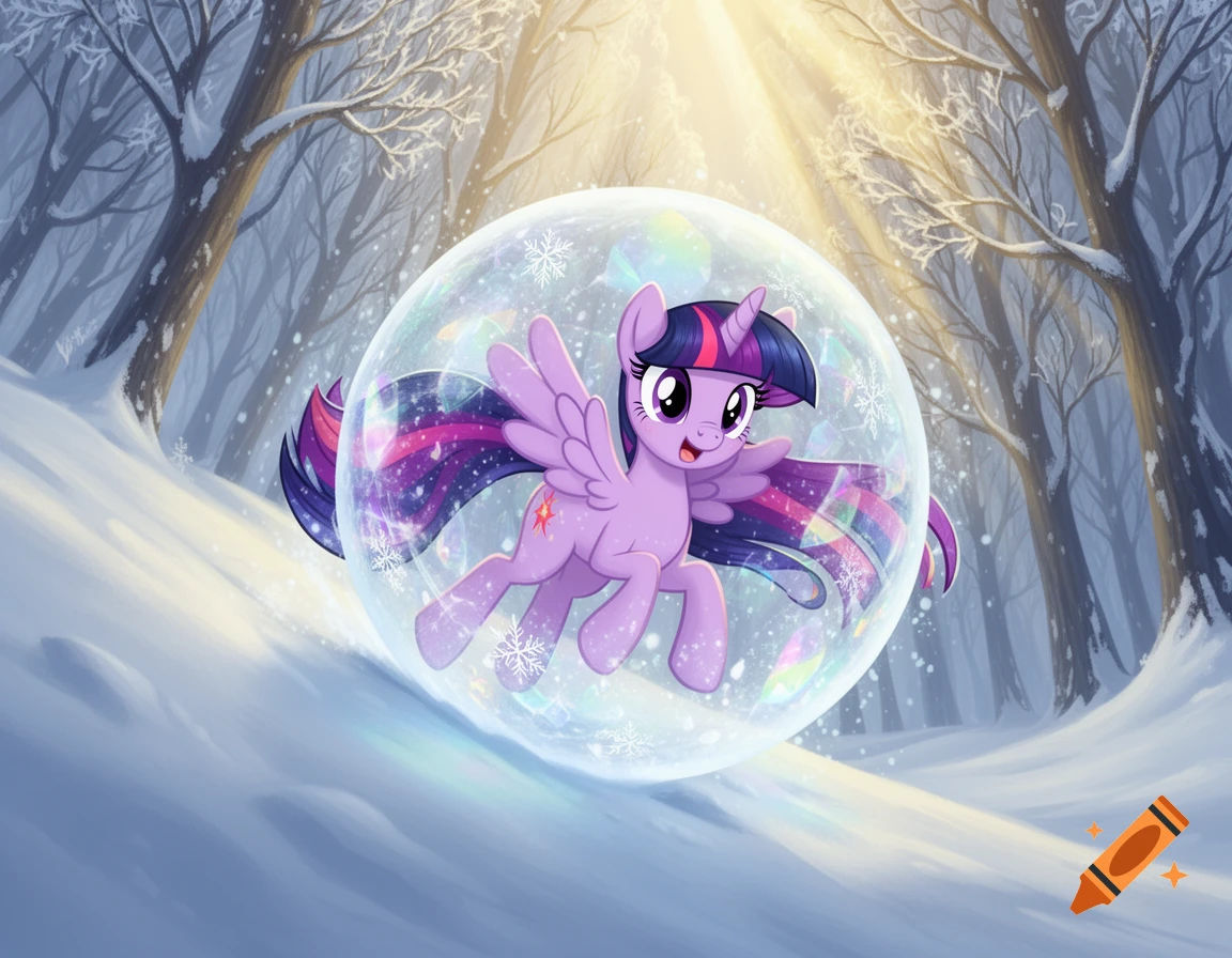Princess Twilight Sparkle, a purple winged unicorn pony, smiles inside a large, iridescent bubble with snowflakes, rolling down a snowy winter forest hill bathed in sunlight.