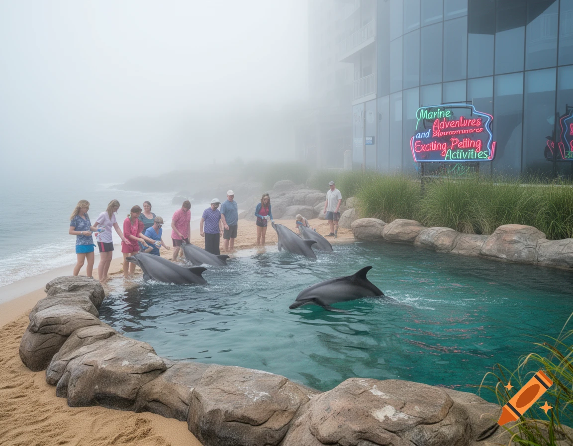 People on a sandy beach interact with dolphins in a shallow pool on a foggy day, with a modern building and neon sign in the background.