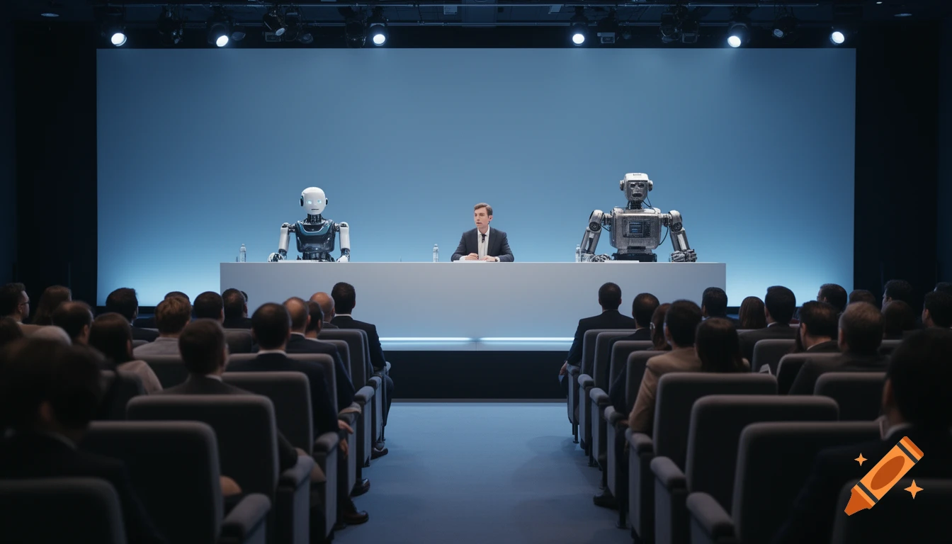 A man sits at a long table between two robots, facing a seated audience in a modern conference hall with a large blue screen.
