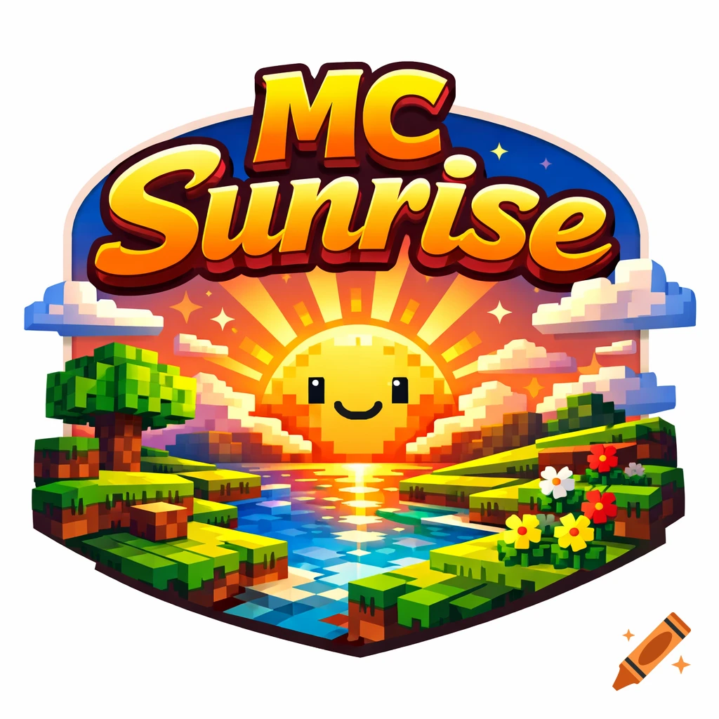 Pixel art logo for 'MC Sunrise' Minecraft server, featuring a smiling sun rising over a lake with blocky trees, grass, and clouds.