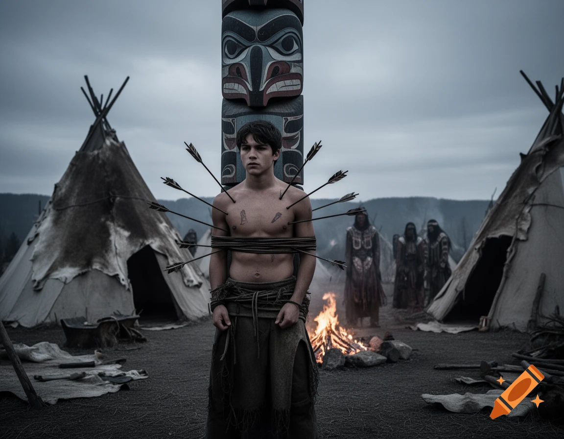A young man with arrows in his bare chest is tied to a totem pole in a dimly lit encampment with teepees and other figures in the background.