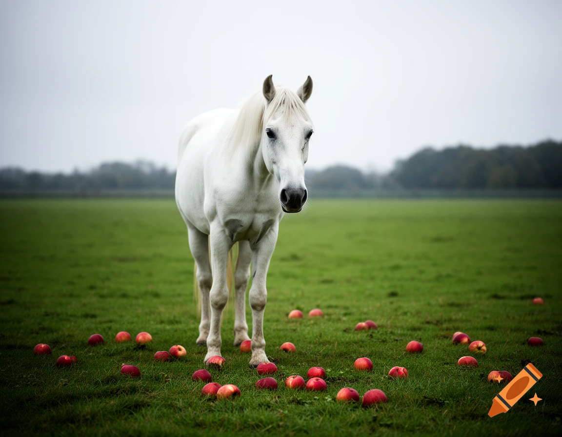 A photorealistic image of a white horse with sad eyes standing in a green field, surrounded by scattered red apples.