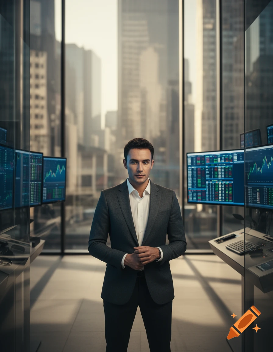 A man in a suit stands in a modern office with multiple stock market screens and a city skyline visible through large windows.