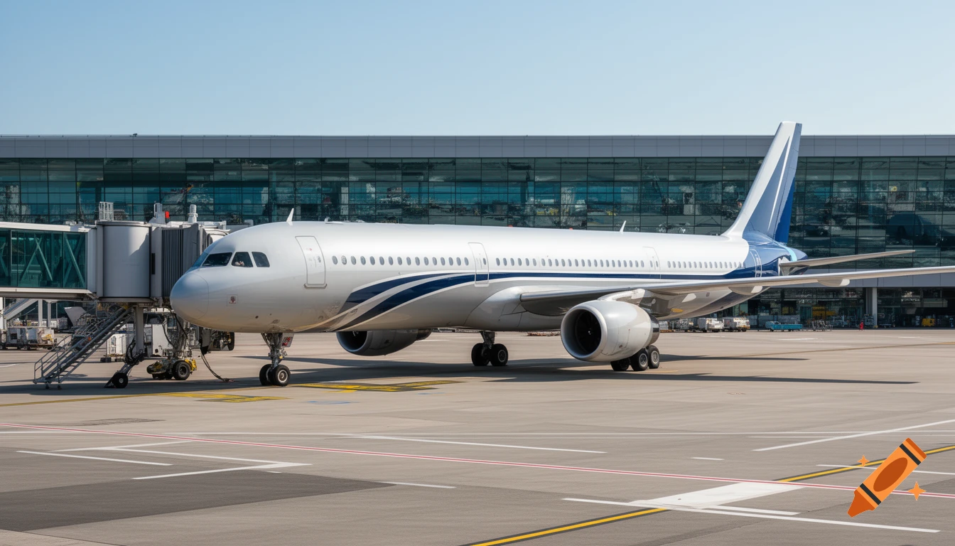 A large silver and blue passenger airplane parked on an airport tarmac with a jet bridge connected to its front door, in front of a modern glass terminal building under a clear sky.