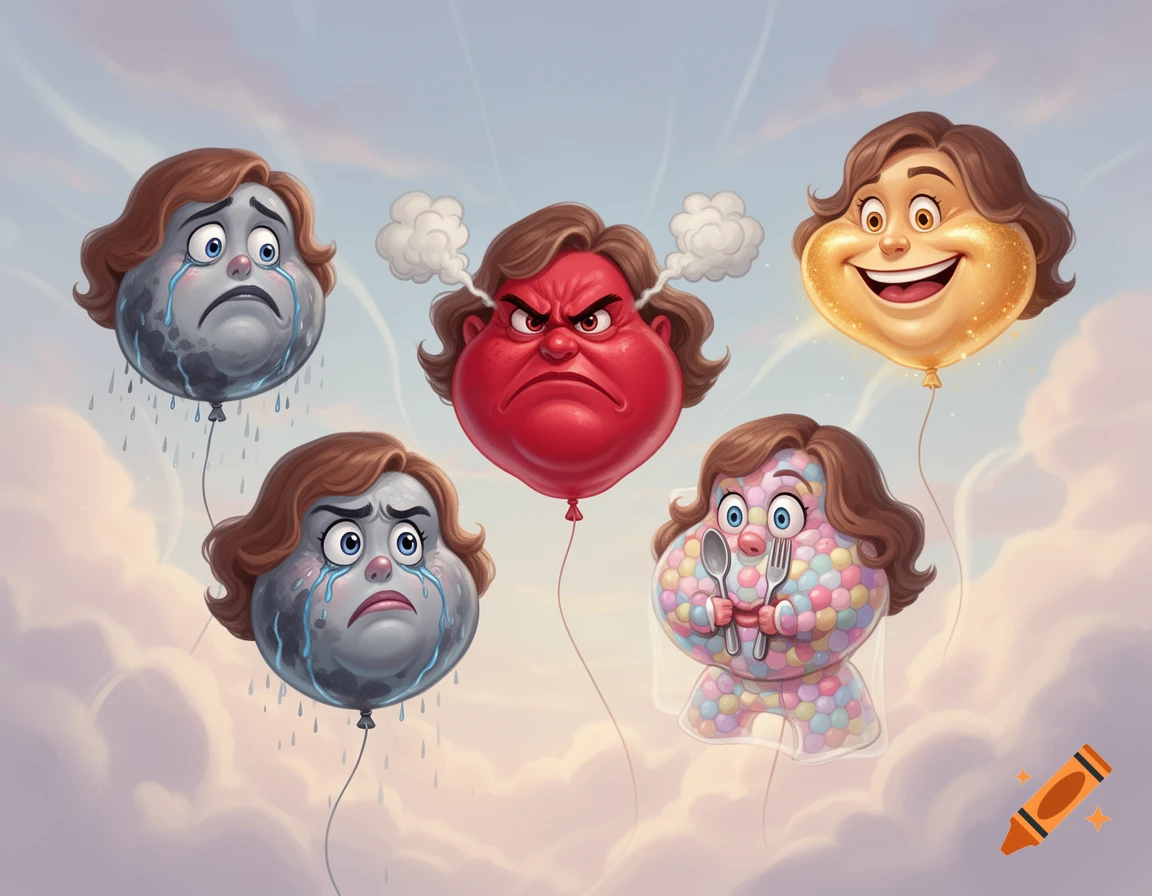 Five cartoon-style balloons with a woman's face depicting sad, angry, happy, and hungry emotions float in a cloudy sky.