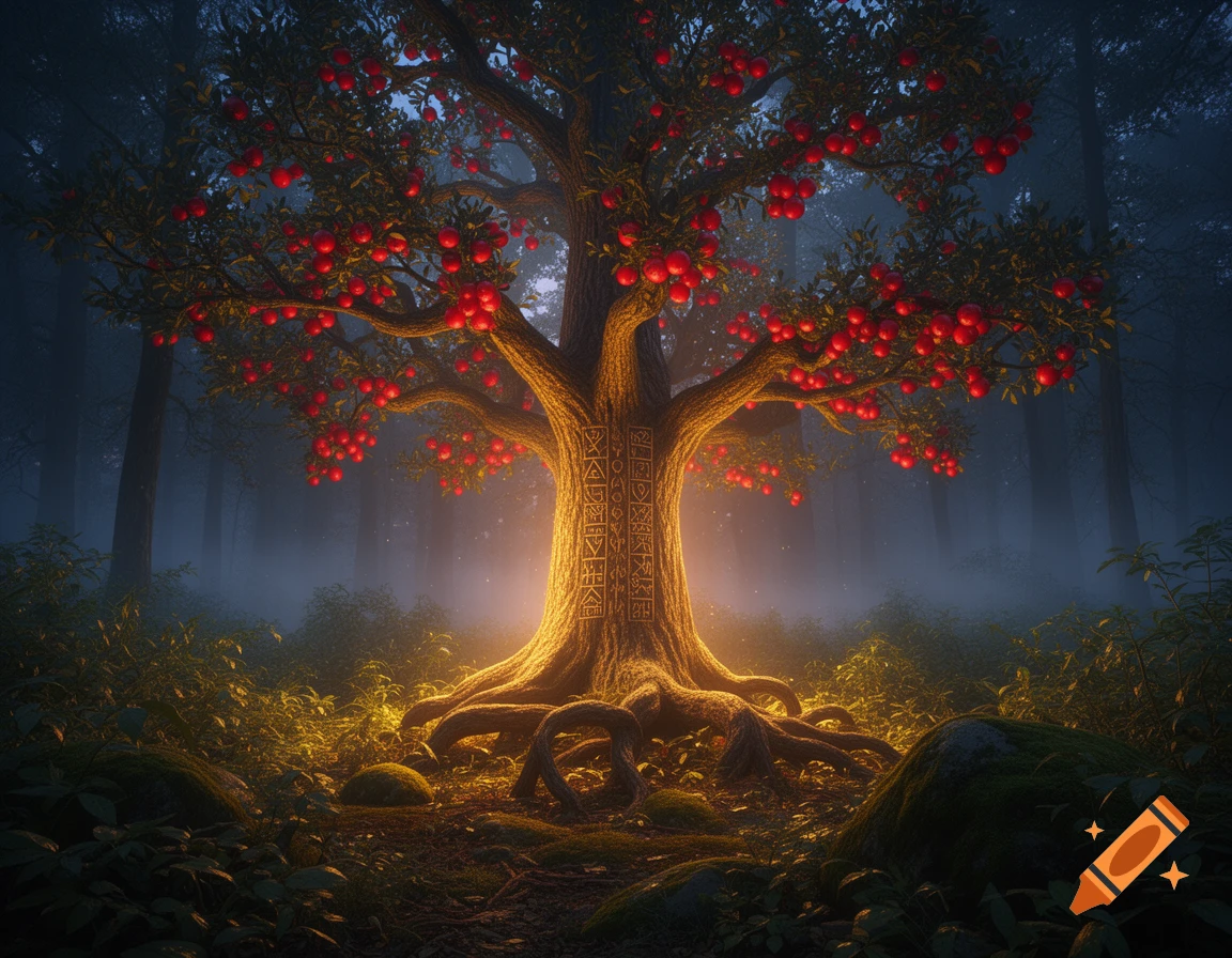 A glowing magical tree with bright red apples stands in a mystical, foggy forest, with intricate symbols carved into its trunk and glowing golden light emanating from its base and the surrounding ground.