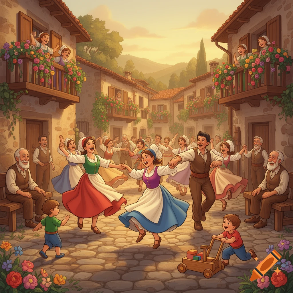 A vibrant illustration of villagers dancing and celebrating in a sunny cobblestone street, with children and flower-adorned balconies.