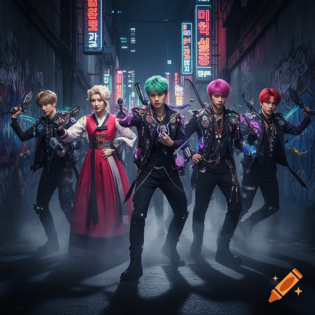 Five stylized figures, including one in a red Hanbok, stand in a dark, neon-lit cyberpunk alley, holding glowing, futuristic weapons. The figures have vibrant hair colors.