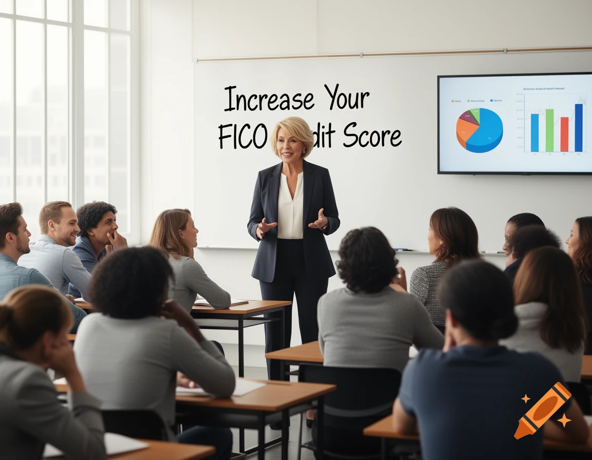 A woman resembling Suze Orman gives a presentation on increasing FICO credit scores to an attentive class in a modern office.