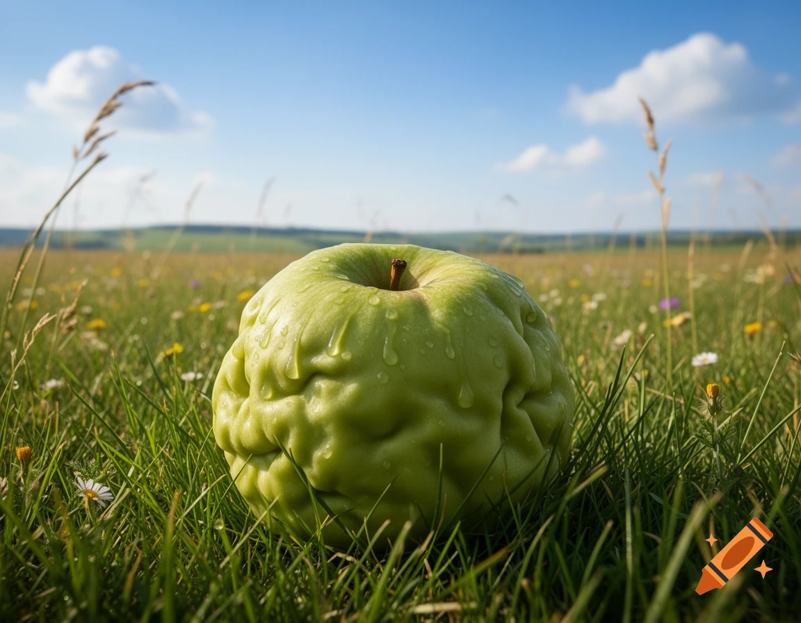 A close-up of a very wrinkly green apple with water droplets, sitting in a grassy field under a blue sky.