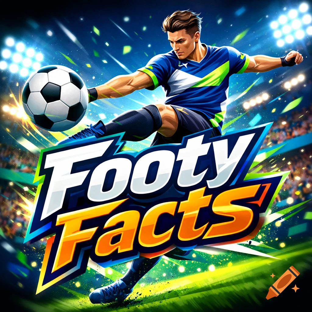 Energetic illustration of a male soccer player kicking a ball on a vibrant field, with stadium lights and 'Footy Facts' text.
