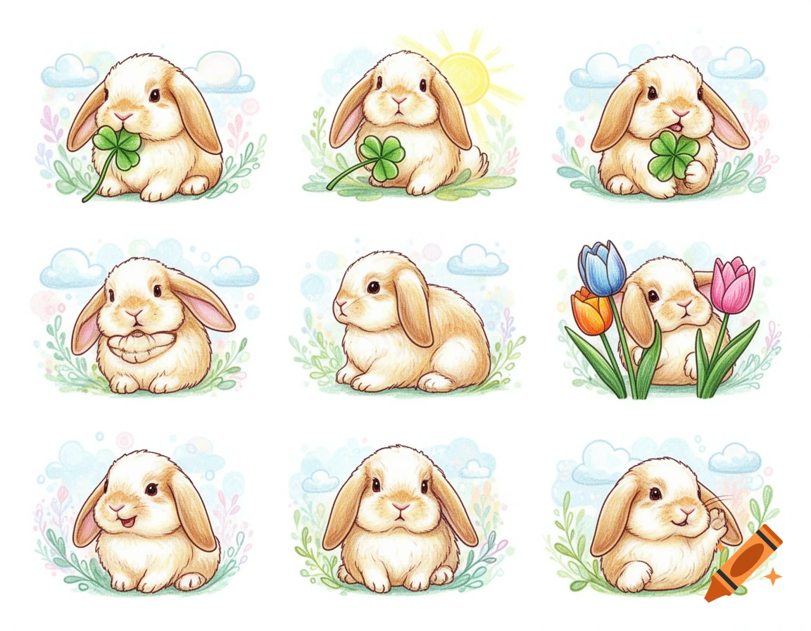 Nine cute Holland lop bunny doodles in various poses with clovers, sun, and tulips, drawn with an acrylic marker style.