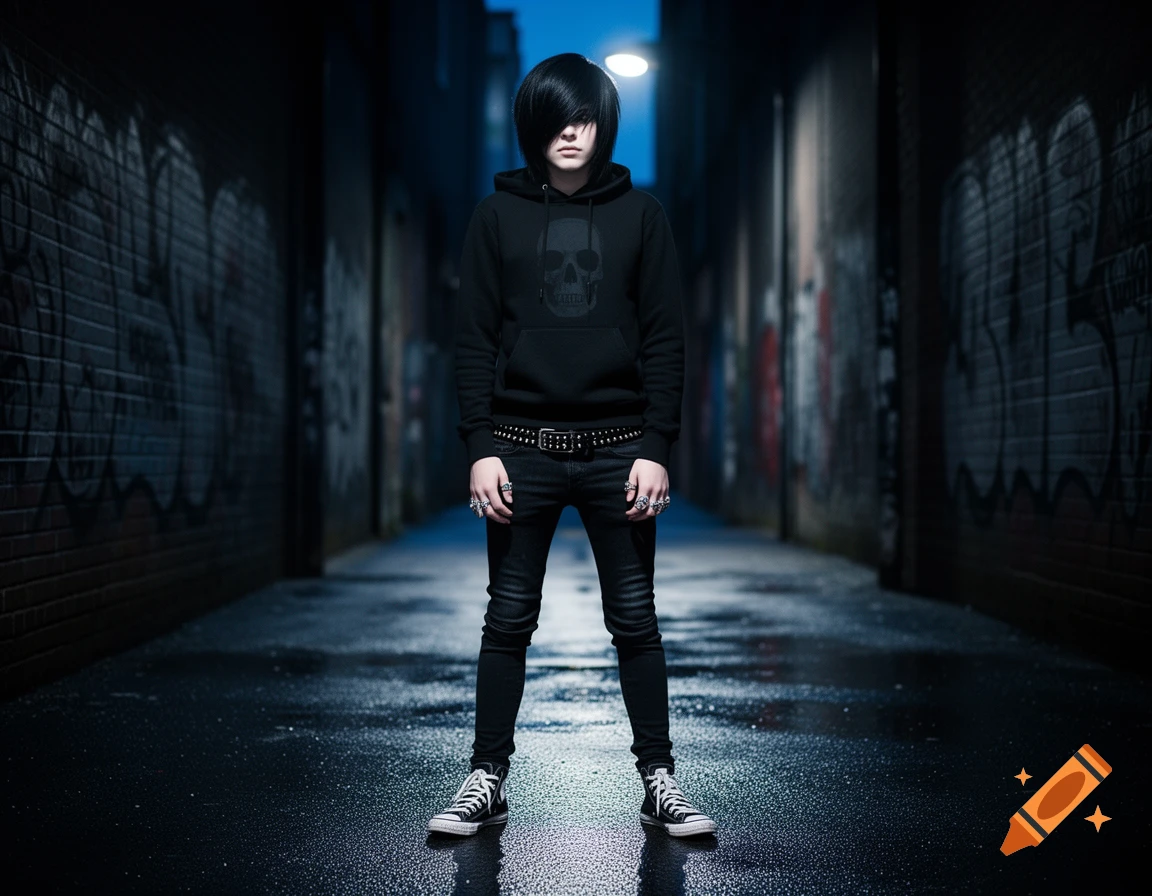 An emo person with dark hair and a skull hoodie stands in a dimly lit, graffiti-covered alley.