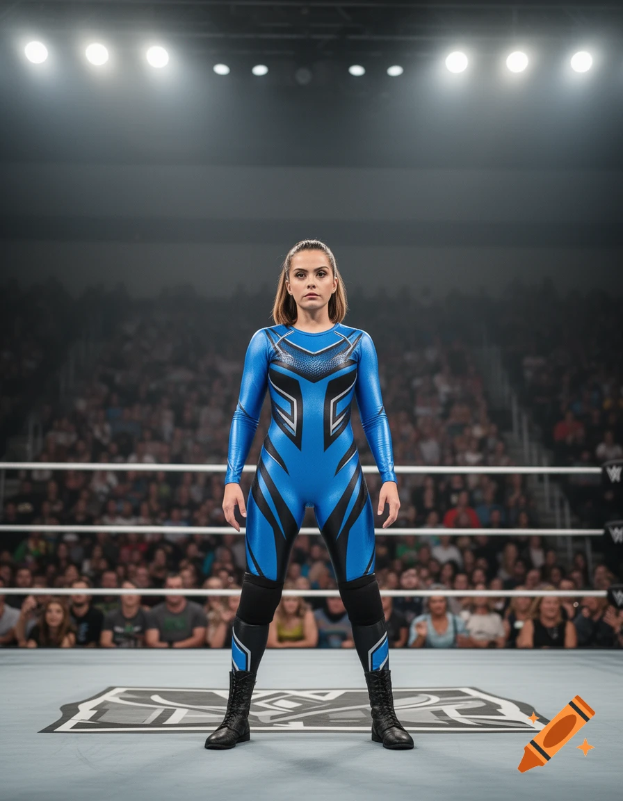 A woman in a blue and black wrestling leotard stands centered in a wrestling ring with a crowd and bright stadium lights in the background.