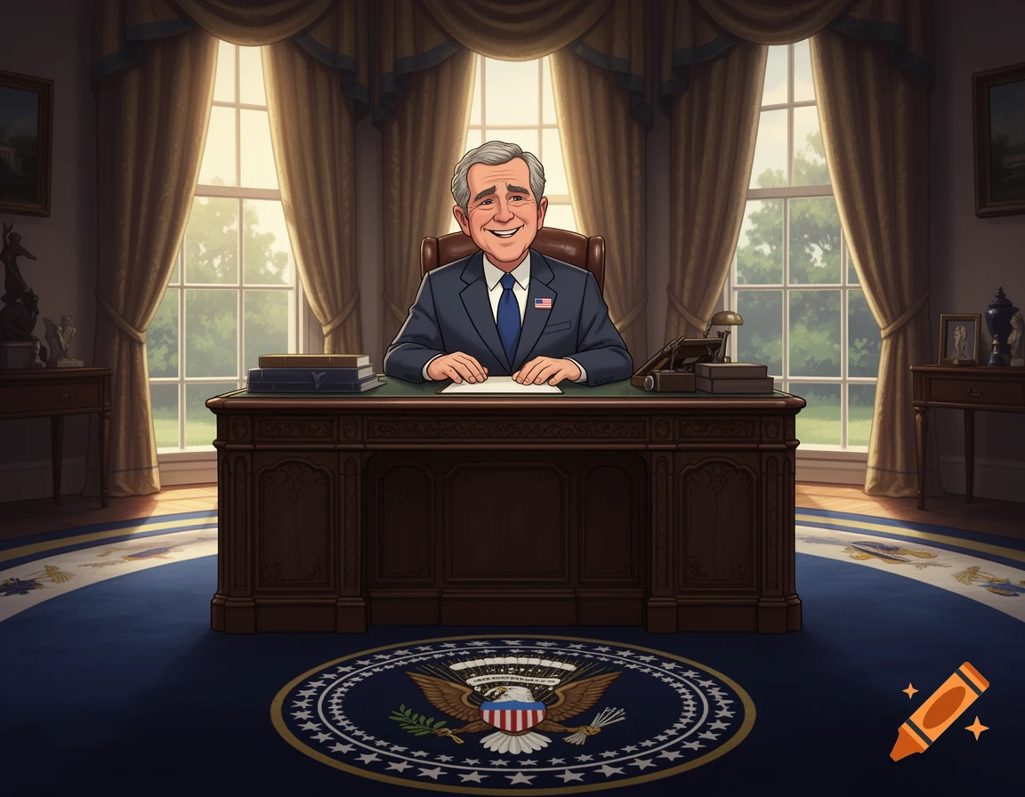 George W. Bush Animation Animated George W. Bush smiling behind a large desk in the Oval Office ...