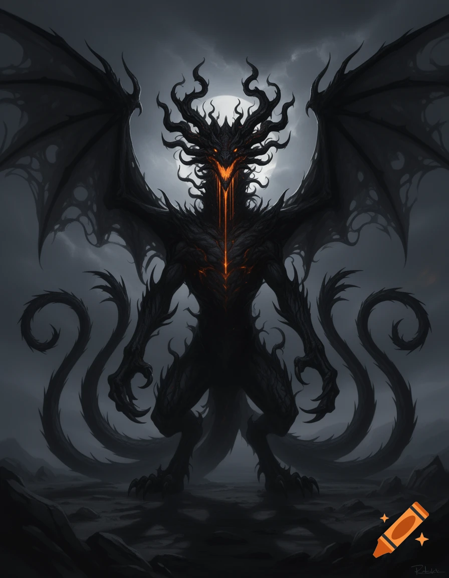 A monstrous black shadow dragon with large wings and multiple tails stands against a full moon, with glowing orange eyes and molten substance dripping from its face.