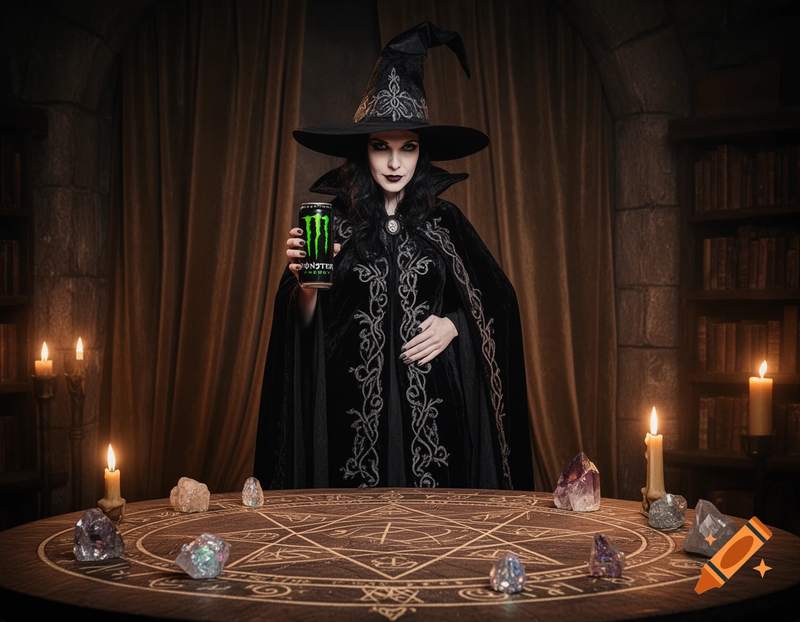 A photorealistic witch in a dark room holds a Monster Energy drink over a spiritual table with crystals and candles.