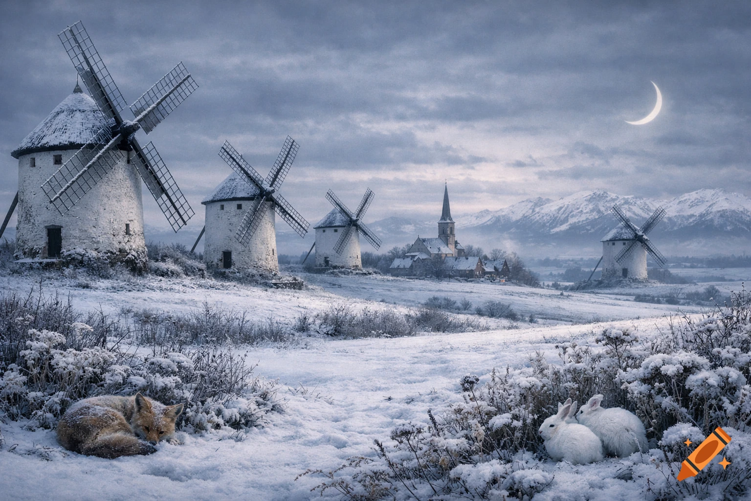 A snowy winter landscape with windmills, a church, mountains, a sleeping fox, and two white rabbits under a crescent moon.