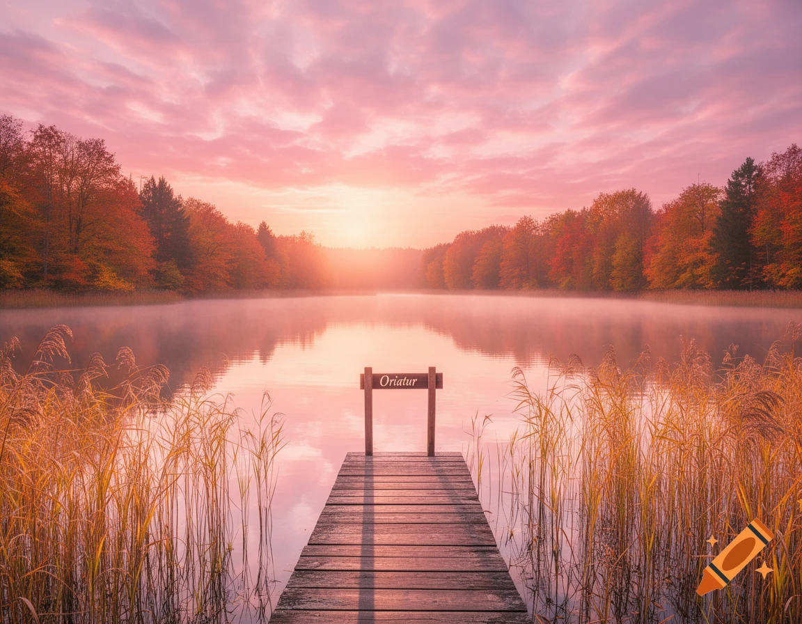 Wooden dock on a misty lake with autumn trees under a pink and orange sunrise sky, 'Oriatur' on a sign.