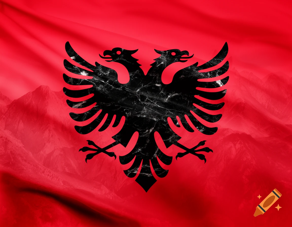 Redesigned Albanian flag featuring a black marble-textured double-headed eagle on a red background with faint mountains.