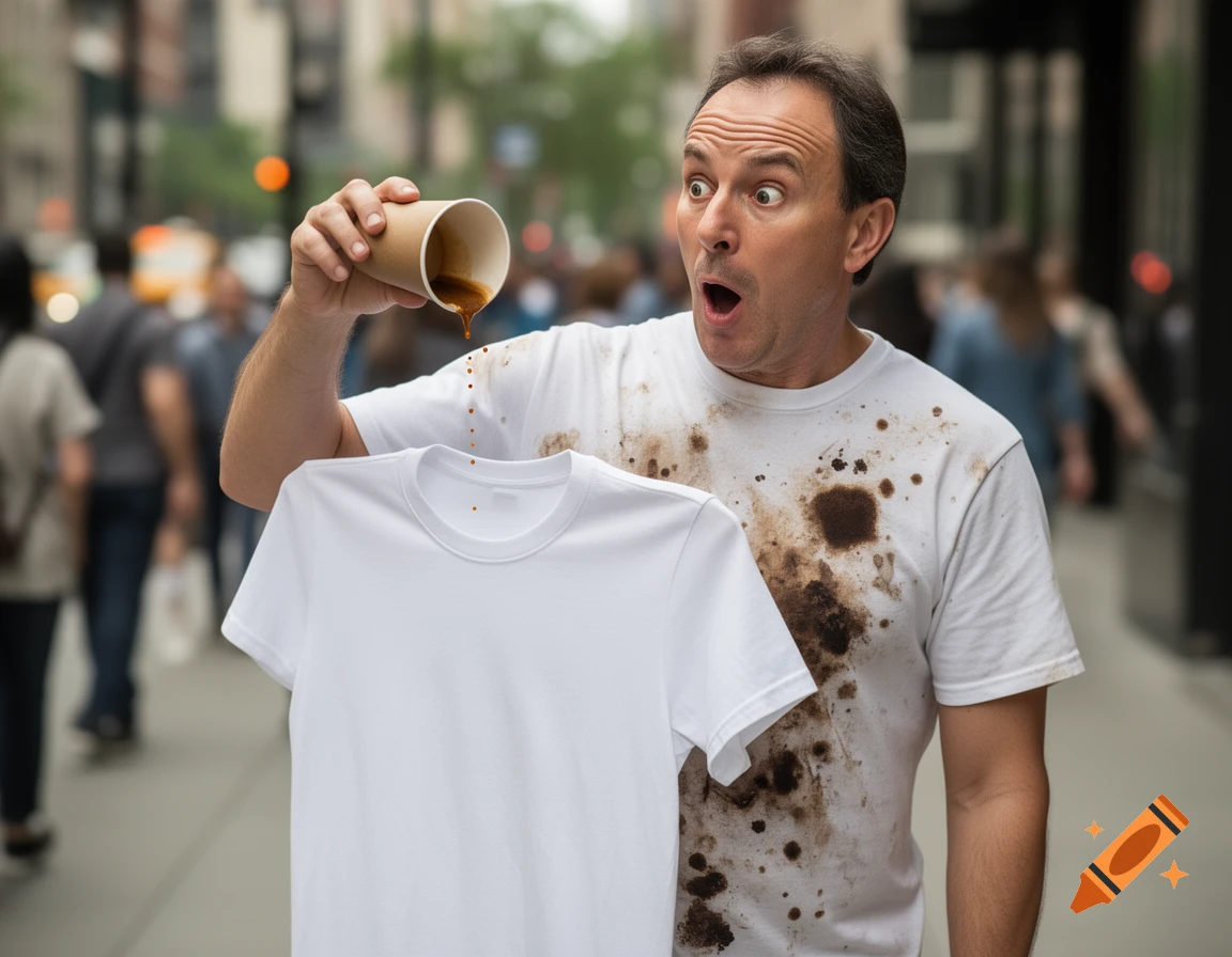 A man with a coffee-stained shirt, wide-eyed, pours coffee onto a clean white shirt in a city street.