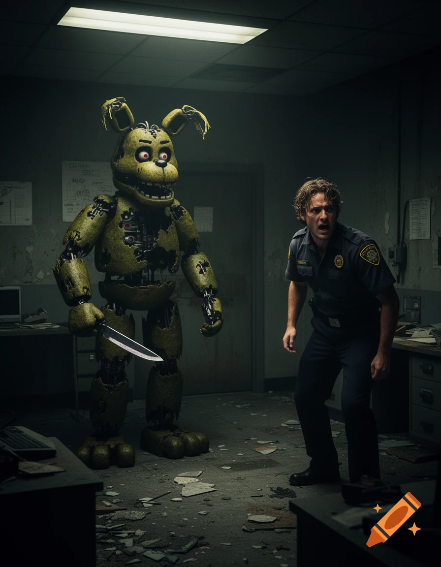 Springtrap holding a knife threatens a scared police officer in a dark, messy office in a photorealistic style.