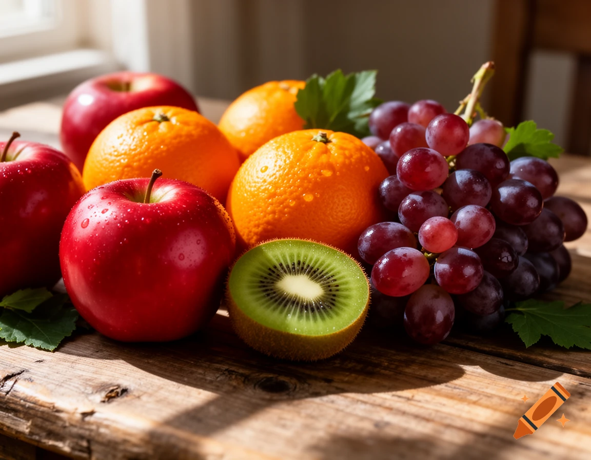 Photorealistic still life of fresh red apples, oranges, a halved kiwi, and a bunch of red grapes on a rustic wooden table with dappled sunlight.