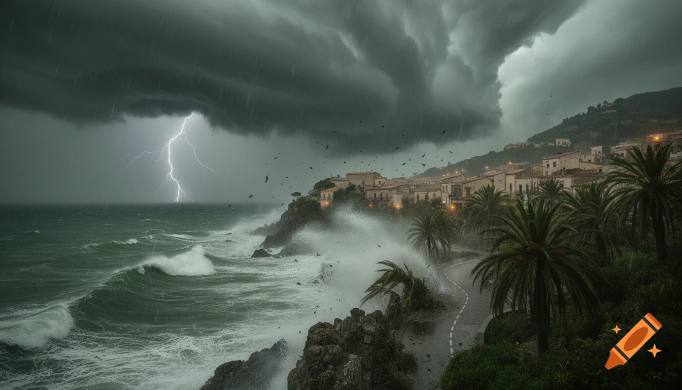 A hyper-realistic view of a powerful hurricane striking a coastal town, with lightning, crashing waves, bending palm trees, and dark storm clouds.