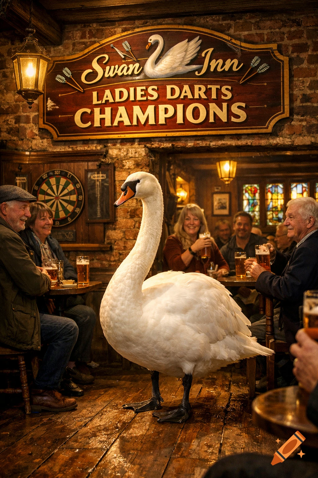 A large white swan stands on a wet wooden floor inside a cozy, dimly lit pub with patrons drinking beer. A sign above reads 'Swan Inn Ladies Darts Champions'.