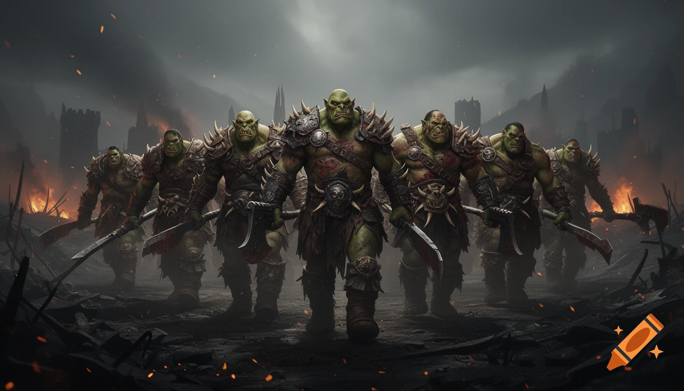 A group of fierce orc warriors, in realistic dark fantasy style, marching through a war-torn landscape with fires and ruined castles.