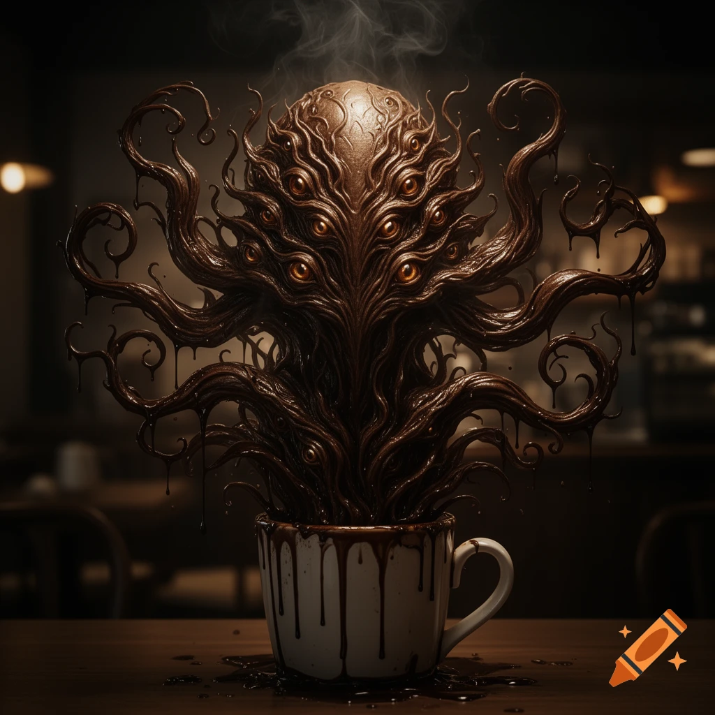 A dark, many-eyed, tentacled entity made of dripping coffee emerges from a white cup on a table in a dimly lit cafe.